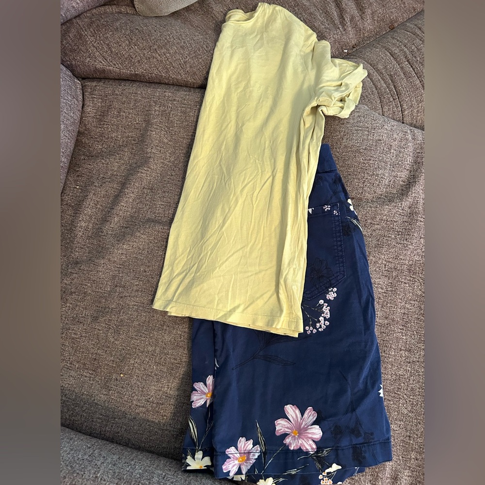Women's Light Yellow Short Sleeve Tunic Top - Casual with floral skirt